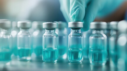 A close-up view of vaccine vials in a laboratory, reflecting hope and advancement in medical science while emphasizing the importance of health and safety.