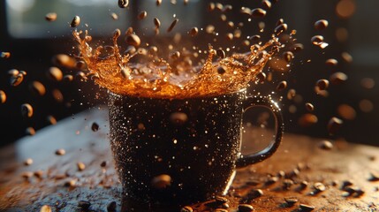 Coffee splash in a dark mug.