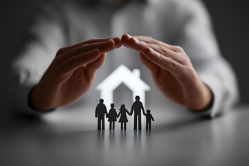 Two hands form a roof over a tiny paper family on a pure white backdrop, symbolizing protection and trust in a sleek, minimalist visual perfect for insurance or fintech branding.