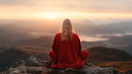 A serene individual in a red robe meditates on a rocky summit, gazing into the breathtaking sunrise, symbolizing peace, introspection, and connection to nature.