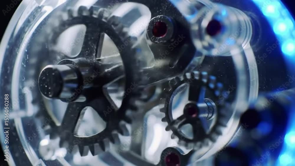 Poster macro slow-motion of mechanical gears moving inside a transparent ai-driven device under studio ligh