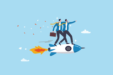 Co-founder to start company, partnership or teamwork to success together, cooperation or collaboration colleagues, agreement or trust concept, business partner riding rocket to success together.