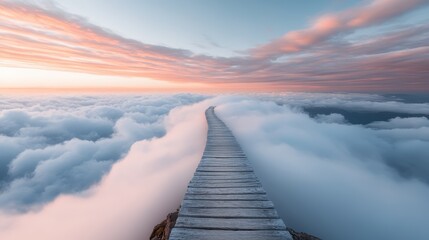 A mesmerizing wooden pathway stretches across fluffy clouds at sunset, evoking a sense of adventure, wonder, and the ethereal beauty found between reality and dreams.