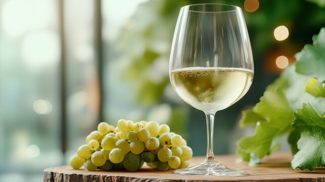 This image captures a beautiful glass of white wine beside a cluster of fresh green grapes, showcasing a serene and inviting ambiance ideal for relaxation and enjoyment.