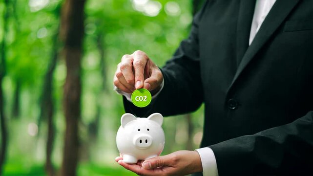 Businessman in suit with green coin and piggy bank showing co2 sign reflects finance and emissions, concept of carbon tax, carbon capture, and co2 economy