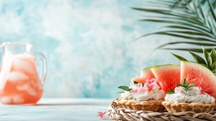 This vibrant image of watermelon desserts paired with refreshing lemonade showcases summertime sweetness, inviting feelings of joy and relaxation amidst tropical elements.