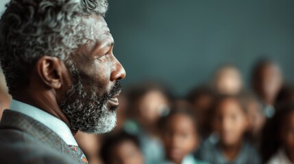 A profile view of an elderly man passionately speaking to an attentive group of children highlights the importance of communication across generations in society.