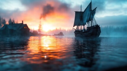 A beautiful sailing ship navigates through calm waters during sunset, capturing the essence of adventure and the beauty of nature's vibrant colors and tranquility.