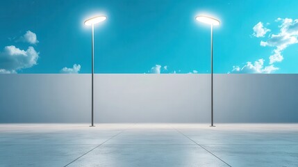 An empty urban space under a bright blue sky with two glowing street lamps creating an atmosphere of tranquility and solitude, emphasizing modern architecture's aesthetics.