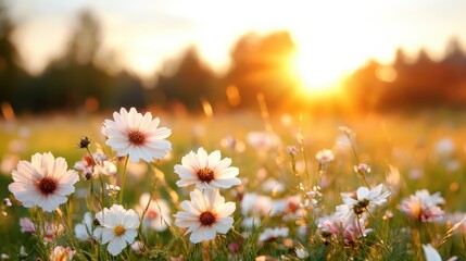 A vibrant field of flowers basking in the warm glow of a sunset, radiating beauty and peace, representing nature's bounty and the essence of serenity in a landscape.