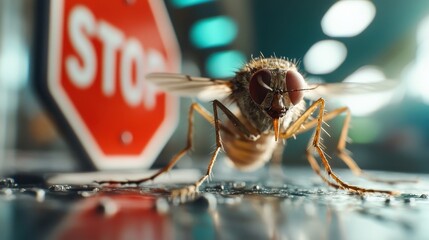 A detailed macro shot of a fly in front of a red stop sign, symbolizing the intersection of nature and urban life, showcasing unique photography perspectives in focus.