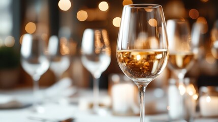 A beautifully lit glass of white wine reflects the warm ambiance of a cozy dining setting, perfect for romantic evenings or festive celebrations with friends and family.