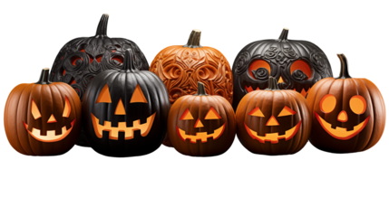 Illuminated jack-o'-lanterns, black-orange Halloween glow, festive October night, scary gourd faces, spooky party decor, isolated on transparent background.