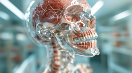 A strikingly detailed anatomical model of a human skull showcases the brain and skeletal structure, perfect for educational purposes in medical and anatomical studies.