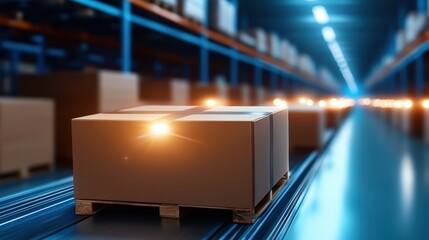 Stacks of neatly arranged boxes on a pallet in a modern warehouse setting, showcasing an efficient storage solution for logistics and inventory management.