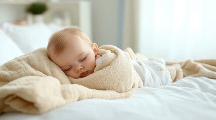 A peaceful baby sleeping comfortably wrapped in a soft beige blanket evokes feelings of warmth and tenderness, making it ideal for themes related to childhood and tranquility.