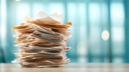 An intricate arrangement of stacked papers symbolizes the challenges of modern paperwork and office tasks, highlighting disorganization in a bright, spacious environment.