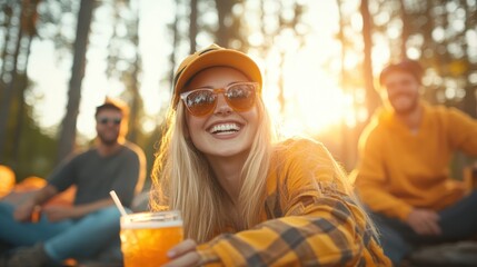 A group of friends enjoy a joyful gathering in a scenic forest setting, capturing the warmth of friendship and the beauty of nature during a sunny afternoon.