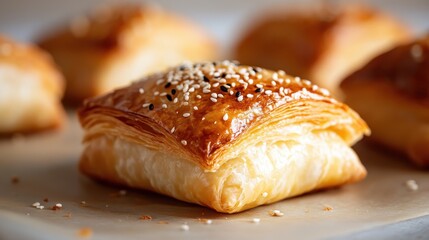 A delectable golden puff pastry square adorned with sesame seeds, resting elegantly on a light surface, inviting you with its flaky and buttery texture for a perfect snack.
