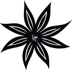 Stylized black and white illustration of a star anise flower