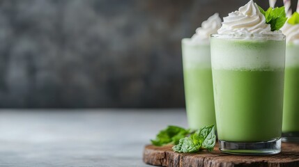 Three tall, delightful mint green milkshakes topped with fluffy whipped cream and mint leaves, presented on a wooden board, perfect for a refreshing summer treat.