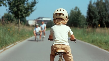 A cheerful young child riding a bicycle on a sunny path, enjoying a beautiful day outdoors alongside family members, embodying the essence of childhood joy and freedom.