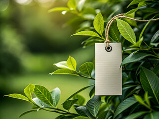 Blank Eco Tag on Vibrant Green Leaves. Perfect for Branding and Nature Concepts