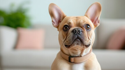 A delightful close-up portrait of a French Bulldog, showcasing its expressive eyes and adorable ears, reflecting warmth and companionship in a cozy indoor setting.