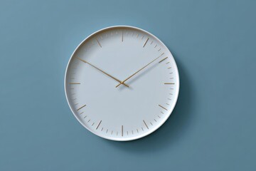 A round, white wall clock with gold hands.