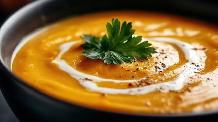 A beautifully presented bowl of creamy orange soup, garnished with fresh herbs and a swirl of cream, showcasing appetizing culinary artistry and comfort food appeal.