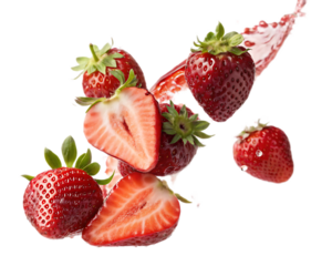 A vibrant display of fresh strawberries with a splash of juice against a black background creating contrast