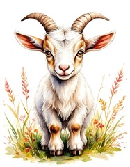 Fototapeta premium cute little goat watercolor illustration card.