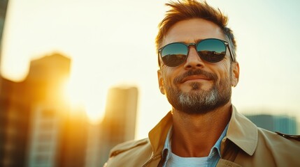 A stylish man with sunglasses smiles confidently against a sunset-lit urban backdrop, symbolizing urban lifestyle, confidence, and self-assurance in a modern world.