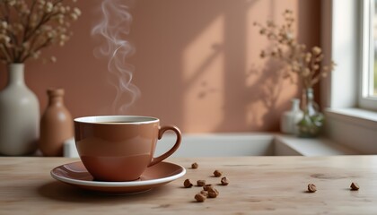 Muted tones with subtle pops of color from the coffee cup or elements in the background. The overall color scheme is harmonious and understated.