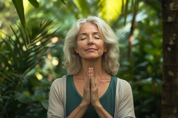 A middle aged Caucasian women clasped her hands together in front of her chest, in a peaceful pose, serene,  contemplative and  peaceful, evoking a sense of tranquility and well-being