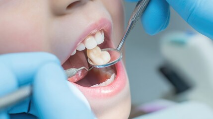 A child sits comfortably in a dental chair with a gentle dental professional examining their teeth. The dental tools are carefully used to check for cavities and ensure oral health