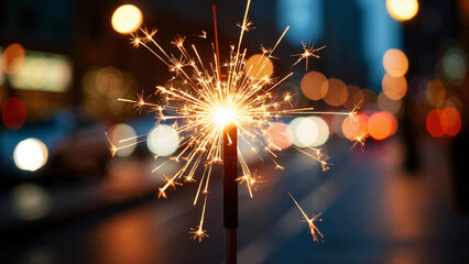 A stunning stock photo of a sparkling sparkler against a blurred city light background, ideal for festive promotions and celebrations.