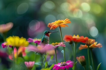 Green Hummingbird Drinking Nectar from Orange Flower in Colorful Garden with Bokeh