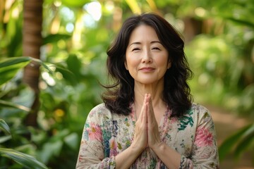 A middle aged Korean women clasped her hands together in front of her chest, in a peaceful pose, serene,  contemplative and  peaceful, evoking a sense of tranquility and well-being