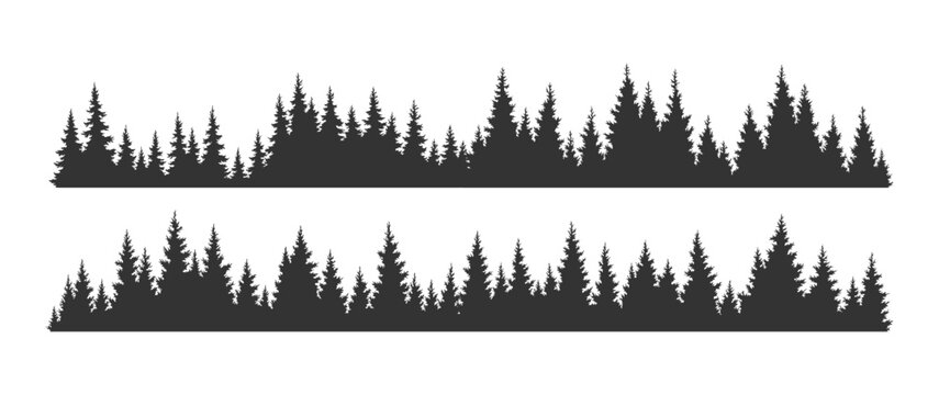 Set of fir trees silhouettes. Coniferous spruce horizontal background patterns, black evergreen woods vector illustration. Beautiful hand drawn panoramas of coniferous forest