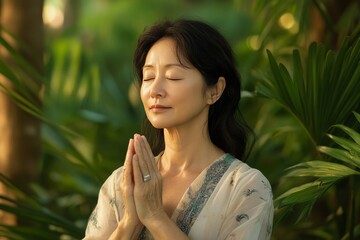 A middle aged Korean women clasped her hands together in front of her chest, in a peaceful pose, serene,  contemplative and  peaceful, evoking a sense of tranquility and well-being