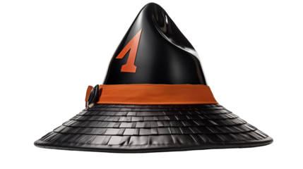 Wide-brim black sun hat, orange band design, summer fashion accessory, elegant headwear, modern UV protection, isolated on transparent background.