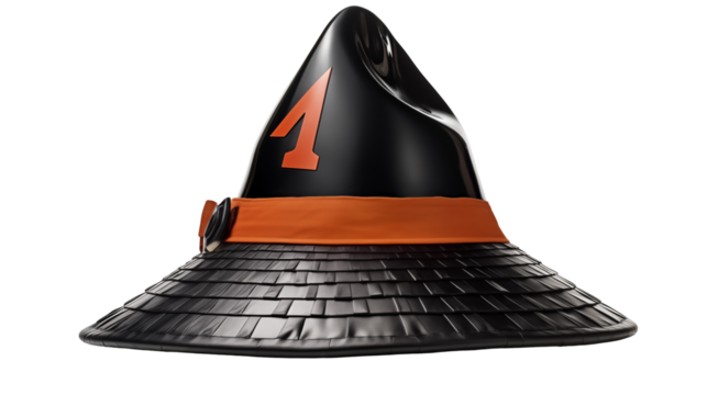 Wide-brim black sun hat, orange band design, summer fashion accessory, elegant headwear, modern UV protection, isolated on transparent background.