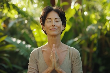 A middle aged Caucasian women clasped her hands together in front of her chest, in a peaceful pose, serene,  contemplative and  peaceful, evoking a sense of tranquility and well-being 