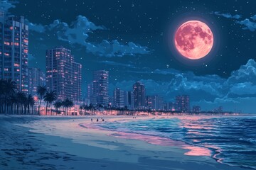 A nighttime city beach scene,anime or manga style. High-rise buildings line the shore, illuminated with soft, warm lights. The beach is a pale, sandy color, A moon hangs in the night sky