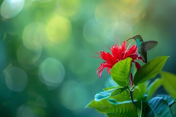 Vibrant Red Flower Blooming in Lush Green Garden with Bokeh Effect