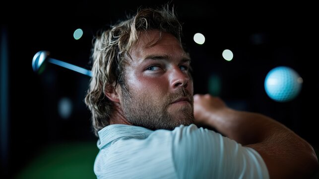 A focused golfer in a simulator, capturing the moment of swinging a golf club, showcasing concentration and the thrill of indoor golf experiences in a high-tech environment.