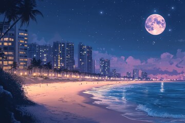 A nighttime city beach scene,anime or manga style. High-rise buildings line the shore, illuminated with soft, warm lights. The beach is a pale, sandy color, A moon hangs in the night sky