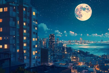 A nighttime city scene, anime or manga style. High-rise buildings, illuminated with soft, warm lights.A large moon hangs in the night sky