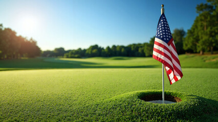 A Stunning Golf Course Green with American Flag, Ideal for Advertising Golf Resorts and Patriotic Campaigns